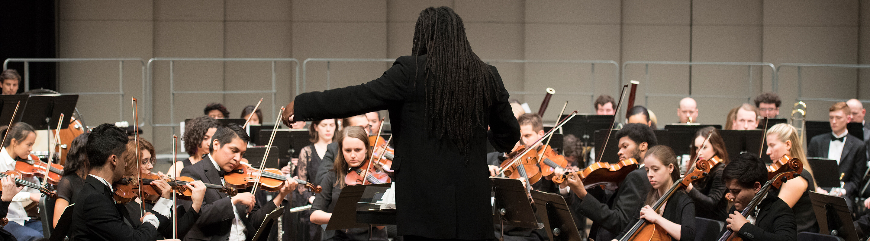 Conductor with back to the camera and orchestra playing