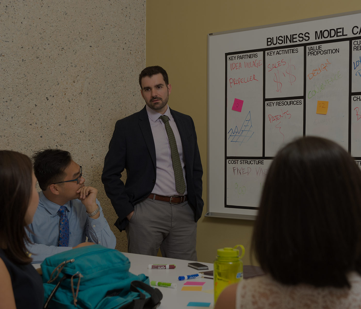 Professor with entrepreneurship topics on whiteboard