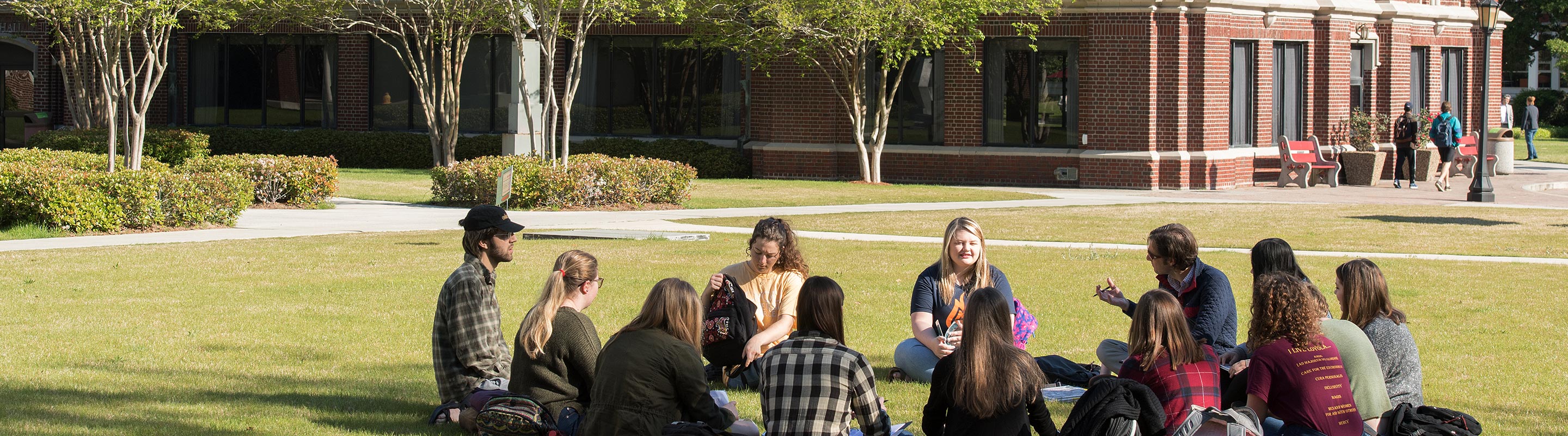 Students studying on lawn