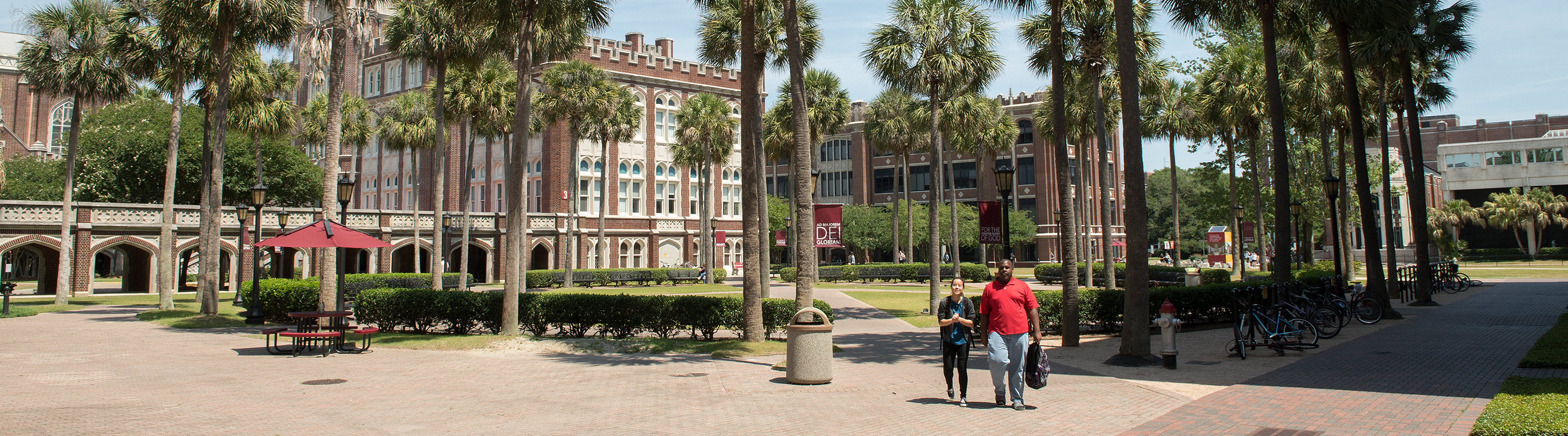 Two students walking through Palm Court on campus