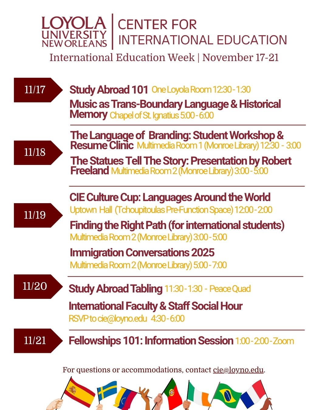 official flyer for international education week, listing all events and their essential information, such as date, time, and place, in burgundy and yellow text on a white background.